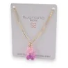 Collar de acero con osito de peluche caramelo rosa y morado