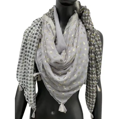 Pañuelo cuadrado patchwork 4 caras gris negro