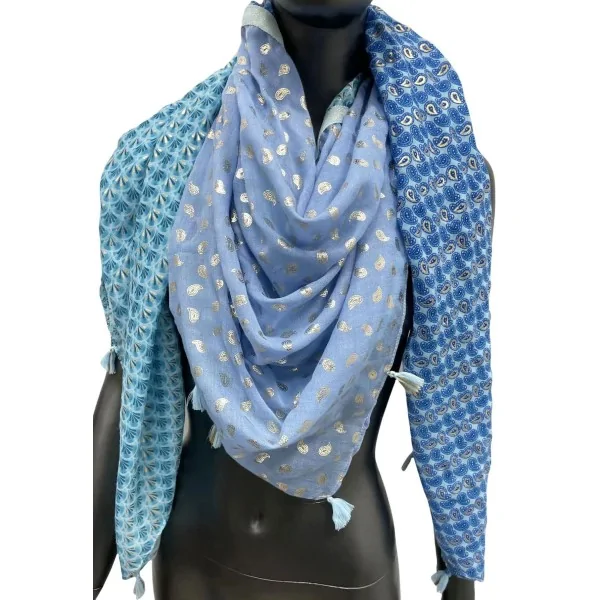 Pañuelo cuadrado patchwork 4 caras tonos azules