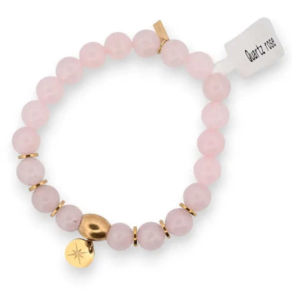 Pulseira de quartzo rosa e pingente de medalha
