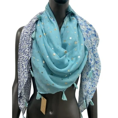 Foulard quadrato patchwork con stampa fogliame e liberty blu