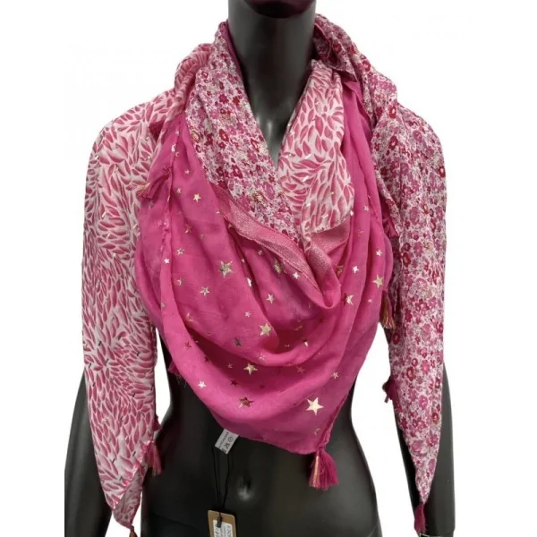 Foulard quadrato patchwork con stampa fogliame e liberty fucsia