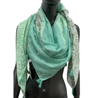 Square patchwork scarf with leaf and liberty print, Sea green