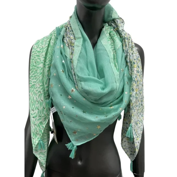 Foulard quadrato patchwork con stampa fogliame e liberty Verde acqua