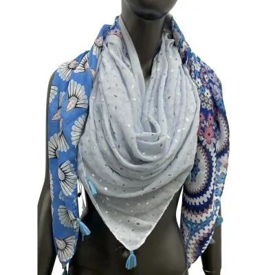 Square patchwork scarf with floral and blue peacock tail print
