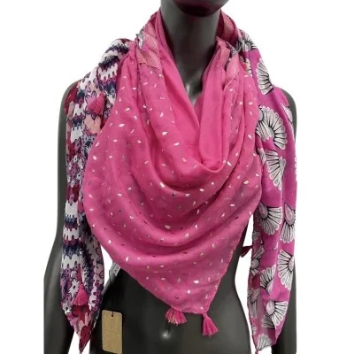 Square patchwork scarf with floral and fuchsia peacock tail print