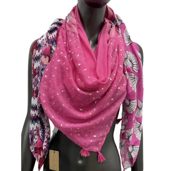 Pañuelo cuadrado patchwork estampado con flores y cola de pavo real fucsia