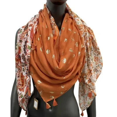 Foulard quadrato patchwork con stampa cachemire e liberty arancione