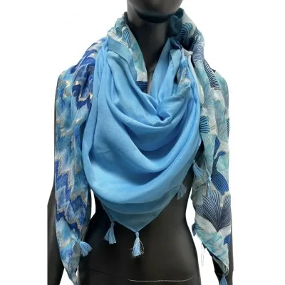 Lenço quadrado patchwork estampado com ginkgo e chevron azul