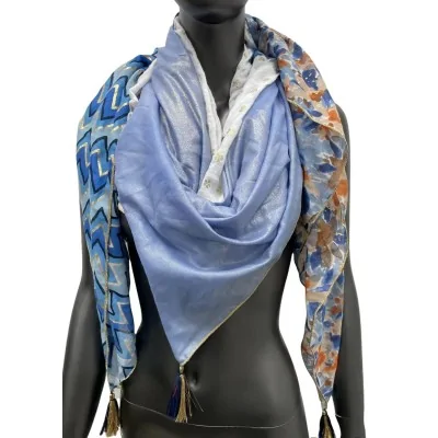 Square patchwork scarf with floral and zigzag print