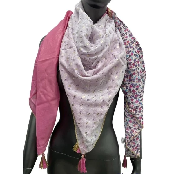 Square patchwork scarf with liberty print and pink fan pattern