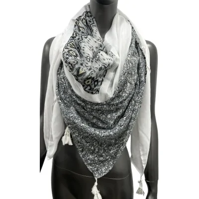 Pañuelo cuadrado patchwork étnico y burbujas en blanco y negro