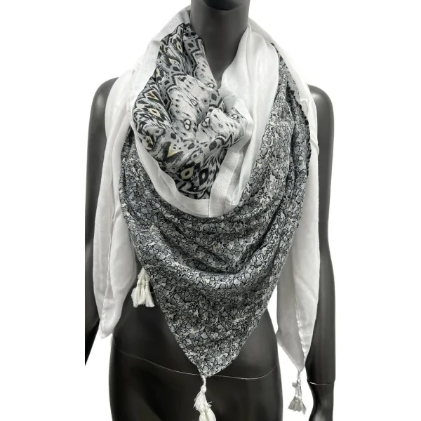 Lenço quadrado patchwork étnico e bolinhas preto e branco