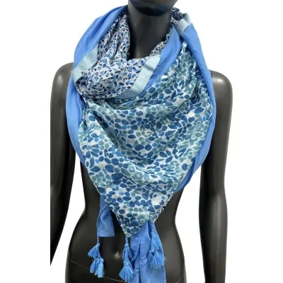 Foulard quadrato patchwork con fiorellini e pois blu