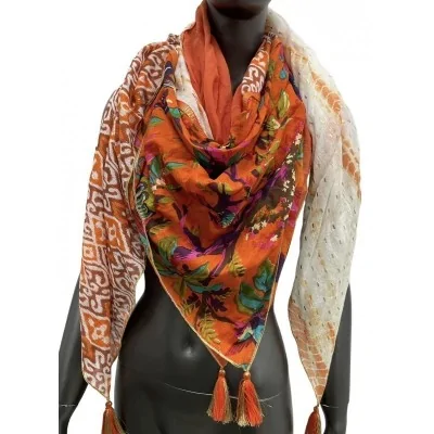 Ethnic patchwork and orange flower scarf