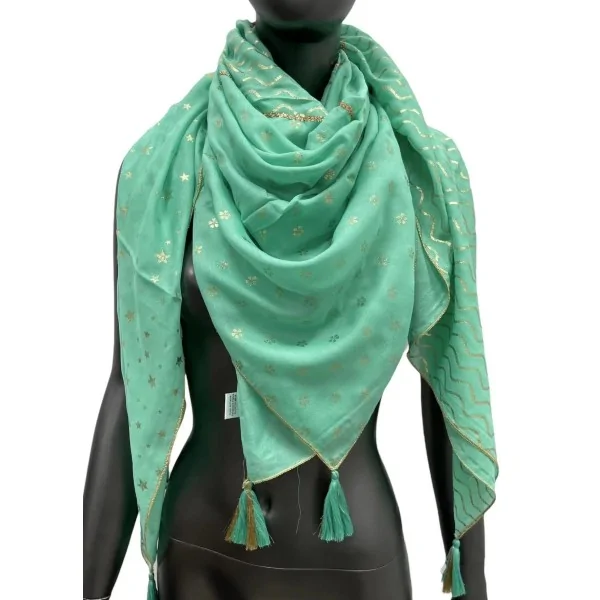 Mint green patchwork scarf with stars and triangles
