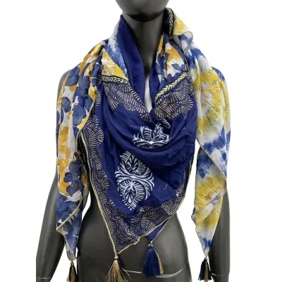 Foulard patchwork con fiori e cerchi giallo e blu