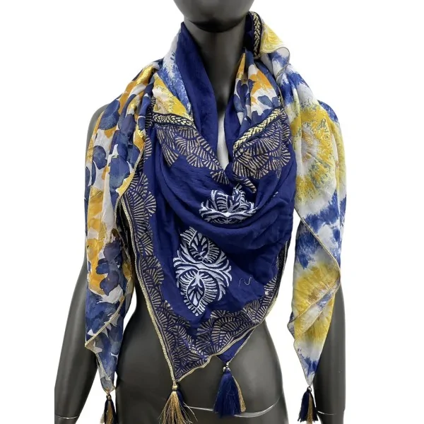 Foulard patchwork con fiori e cerchi giallo e blu