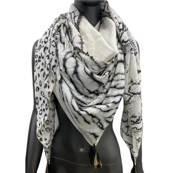 Patchwork-Schal mit Leoparden- und Zebramuster in Schwarz und Weiß