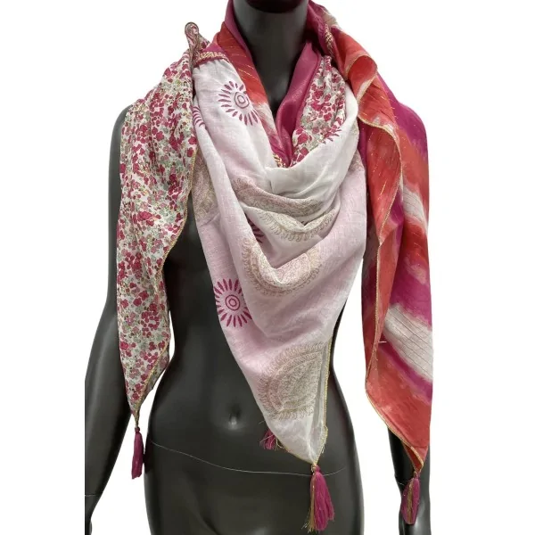 Lenço patchwork tie & dye e liberty framboesa