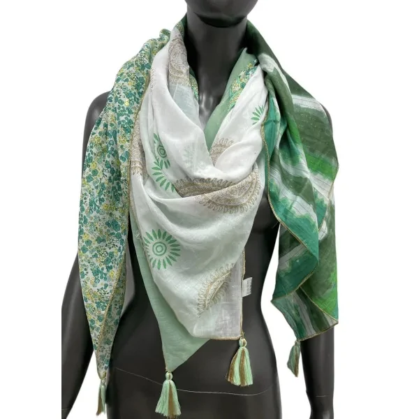 Patchwork tie-dye and green liberty print scarf