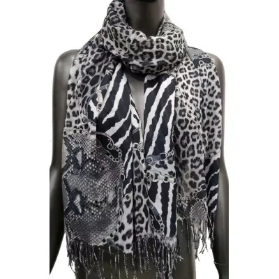 Foulard stampato con motivi di pelli animali e catene in bianco e nero