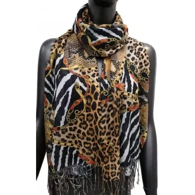 Animal print and chain patterned scarf in brown