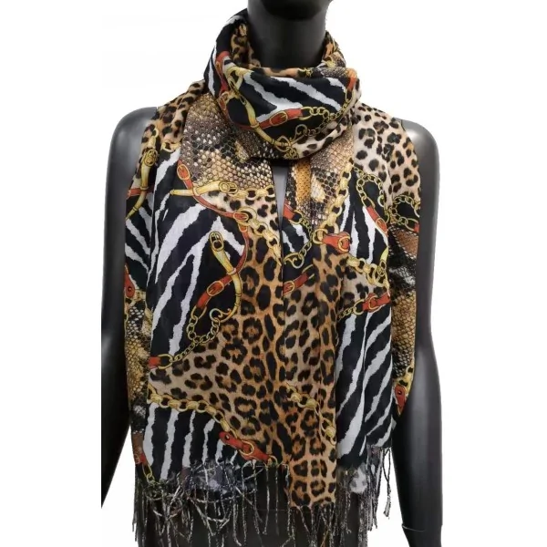 Animal print and chain patterned scarf in brown