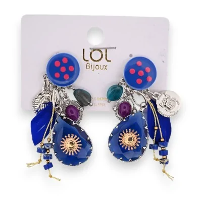 Pendientes de fantasía con clip y dijes azul real