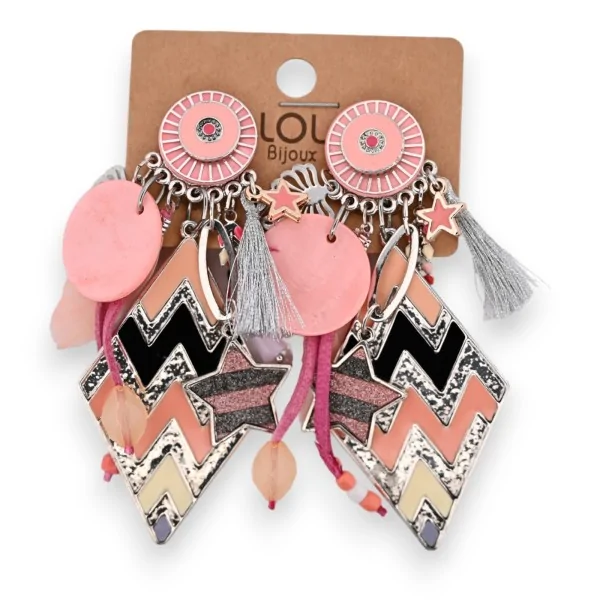 Clip-on costume jewelry earrings with pink diamond-shaped medallion