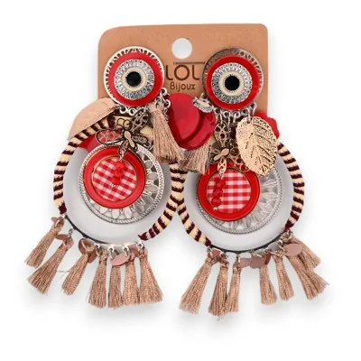 Bohemian red gingham clip-on costume earrings
