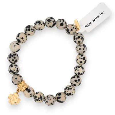 Pulseira de Jaspe Dálmata com pingente de trevo