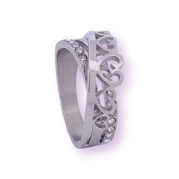 Heart and rhinestone intertwined ring in silver-plated steel