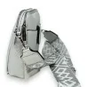 Compact silver crossbody bag with geometric pattern strap | Trendy Fashion