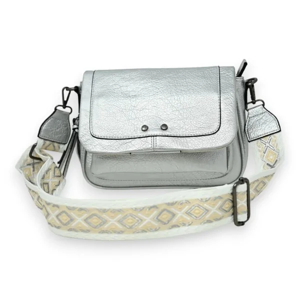 Bolso bandolera plateado con correa de tela estampada