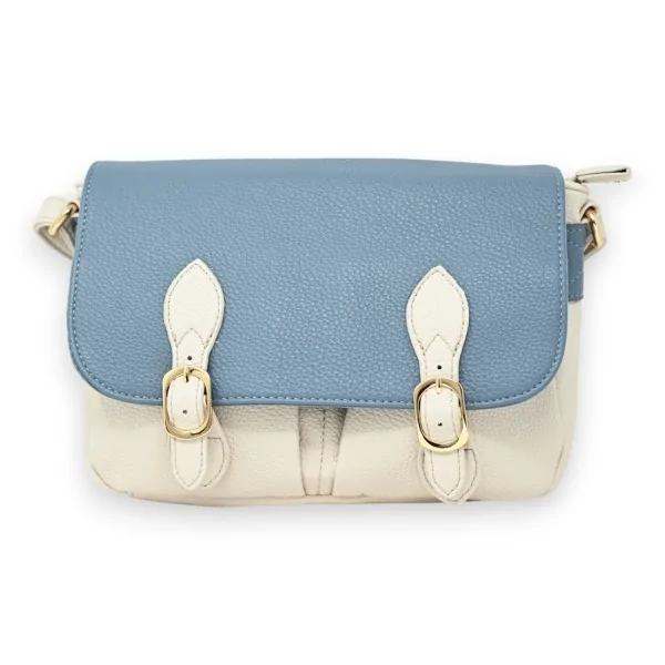 Sac cartable bandoulière bi colore beige et bleu jeans