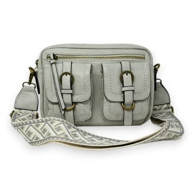 Bolsa tiracolo cinza claro retangular com 2 bolsos em relevo