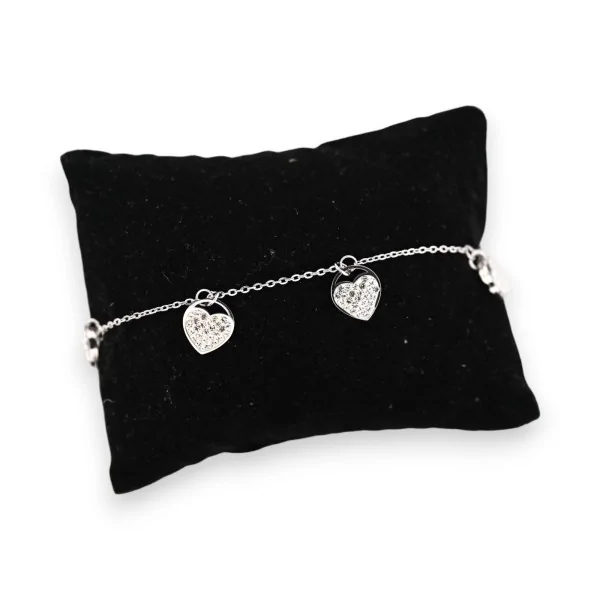 Fine silver-plated steel bracelet with multiple rhinestone hearts