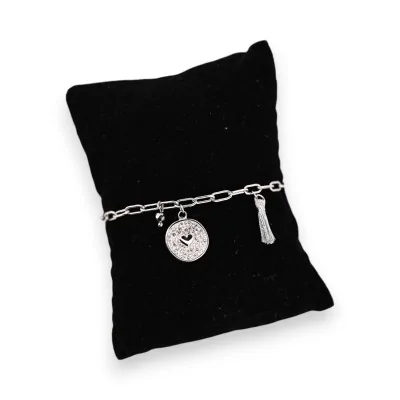 Silver steel bracelet with heart-shaped rhinestone charm