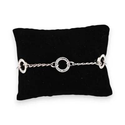 Pulseira de aço prateado com corrente de círculos e strass