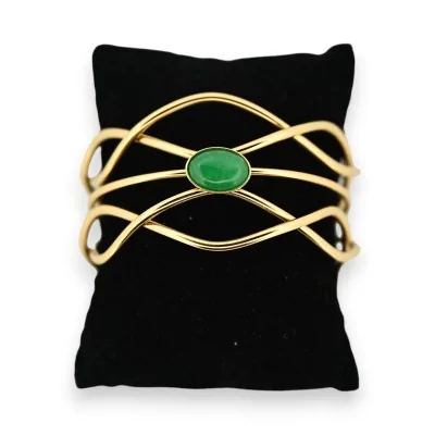Gold-plated steel cuff bracelet with bohemian green stone