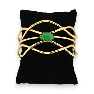 Gold-plated steel cuff bracelet with bohemian green stone