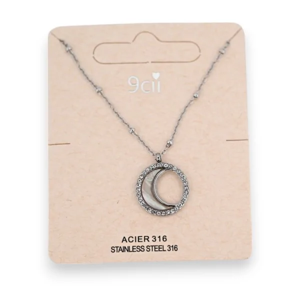 Silver-plated steel necklace with mother-of-pearl crescent moon