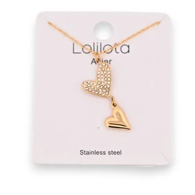 Colar de aço dourado com 2 corações sobrepostos, um liso e outro com strass