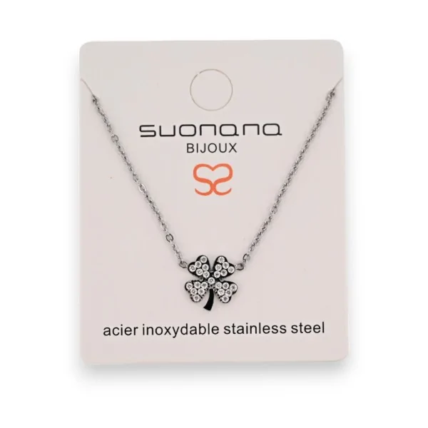 Collana in acciaio argentato con quadrifoglio portafortuna e strass