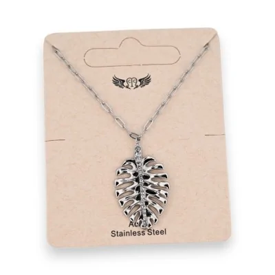 Silver steel tropical leaf necklace