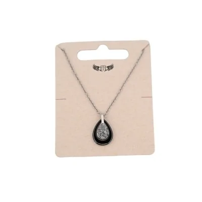 Collar de acero plateado con medallón gota negra de cerámica y estrás