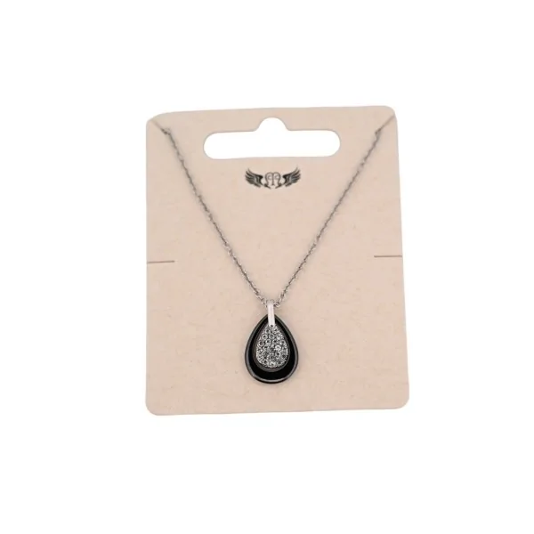 Collar de acero plateado con medallón gota negra de cerámica y estrás