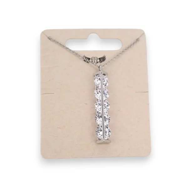 Silver steel necklace with sparkling white stone tube