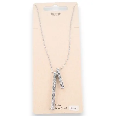Silver steel necklace with 2 sparkling rhinestone tubes